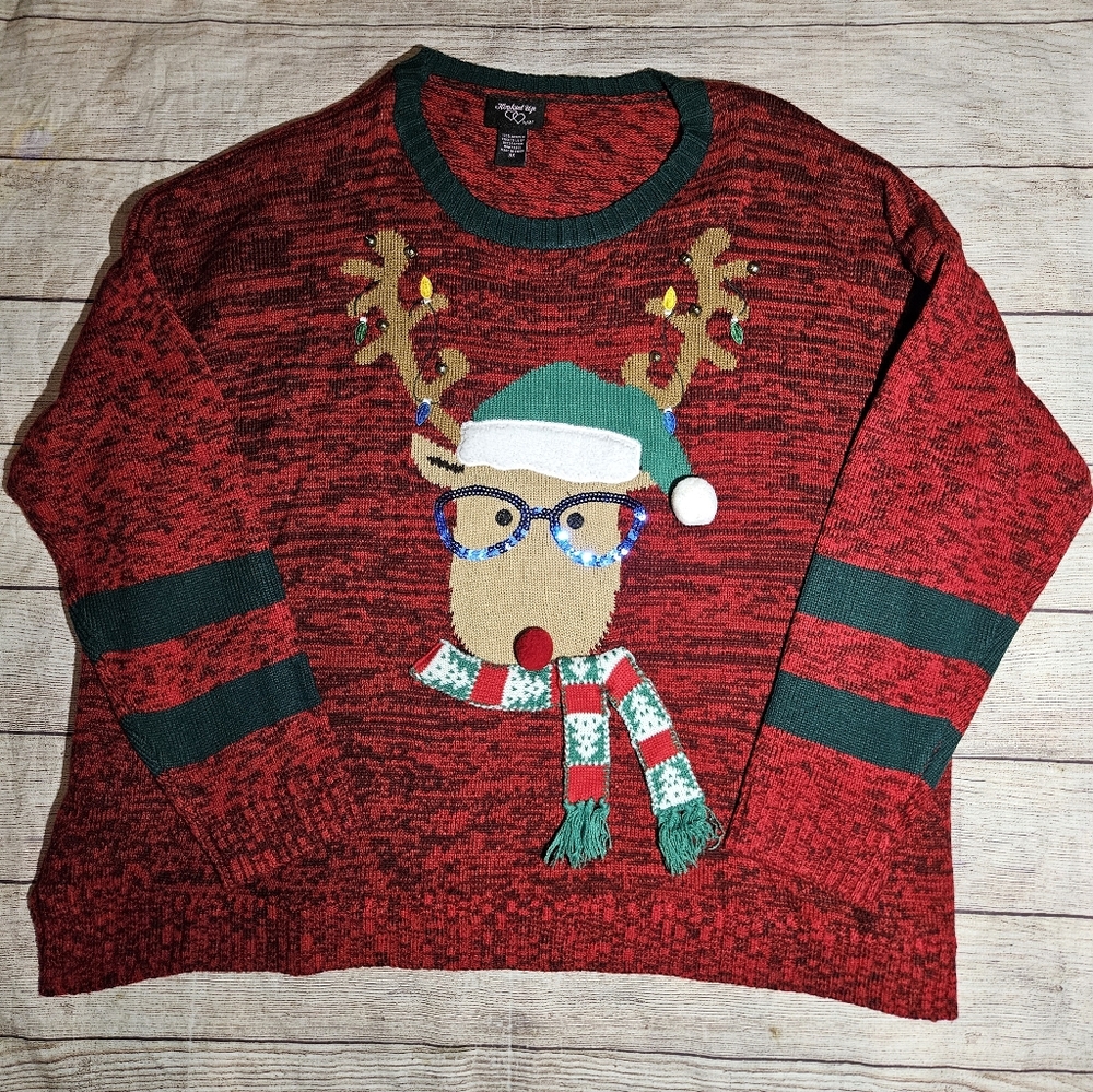 Hooked Up Red Reindeer Wearing Sequins Glasses Ugly Christmas Holiday Sweater